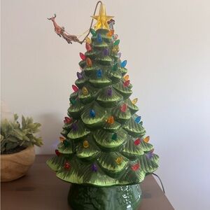 Animated Ceramic Christmas Tree Rotating Santa Sleigh Topper LED Lights